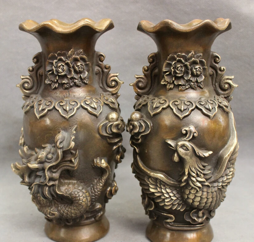 

Collectible bronze S1399 9" Chinese Bronze Copper Myth Fly Dragon Phoenix Statue Flower Vase Pot Pair