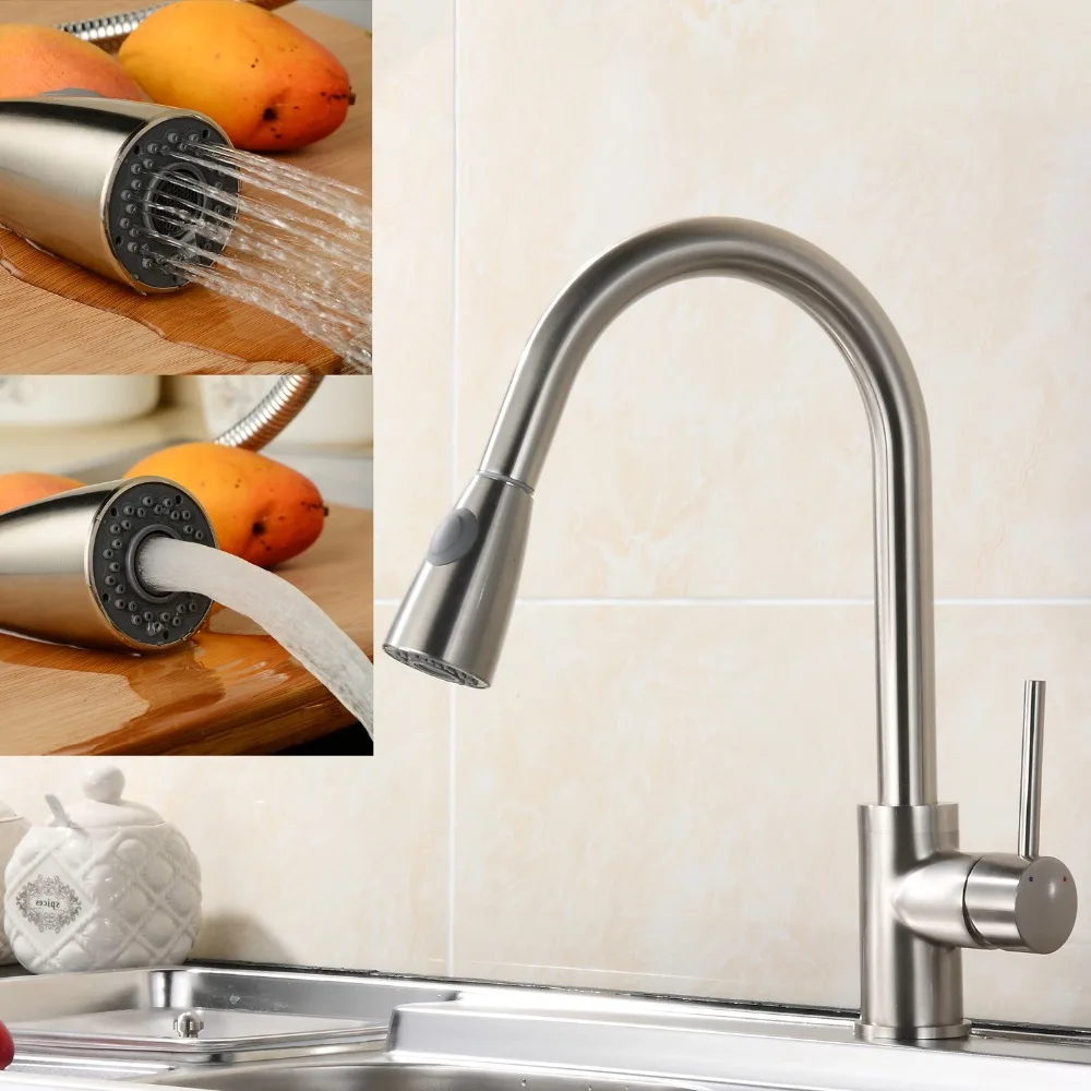 Brush Nickel 350 MM Pipe Pull Out Kitchen Faucet.360 Degree Swivel Pull