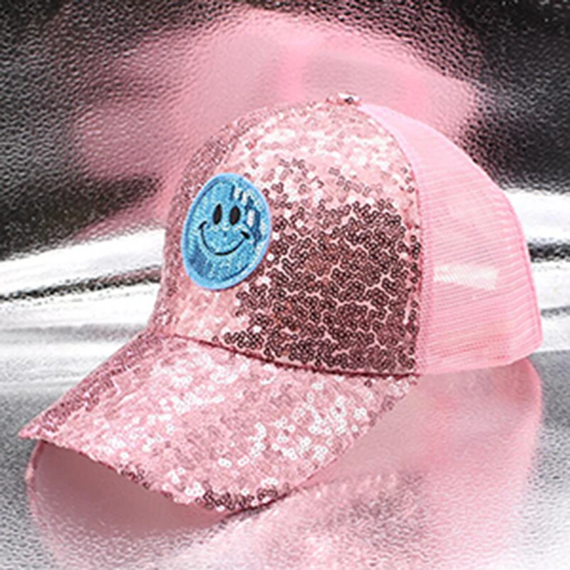 

baseball Hip Hop Hat Sequins Fashion Adjustable Women Parent-child Summer Mesh cap Smiling Girls Bone Hat snapback Sun Cap