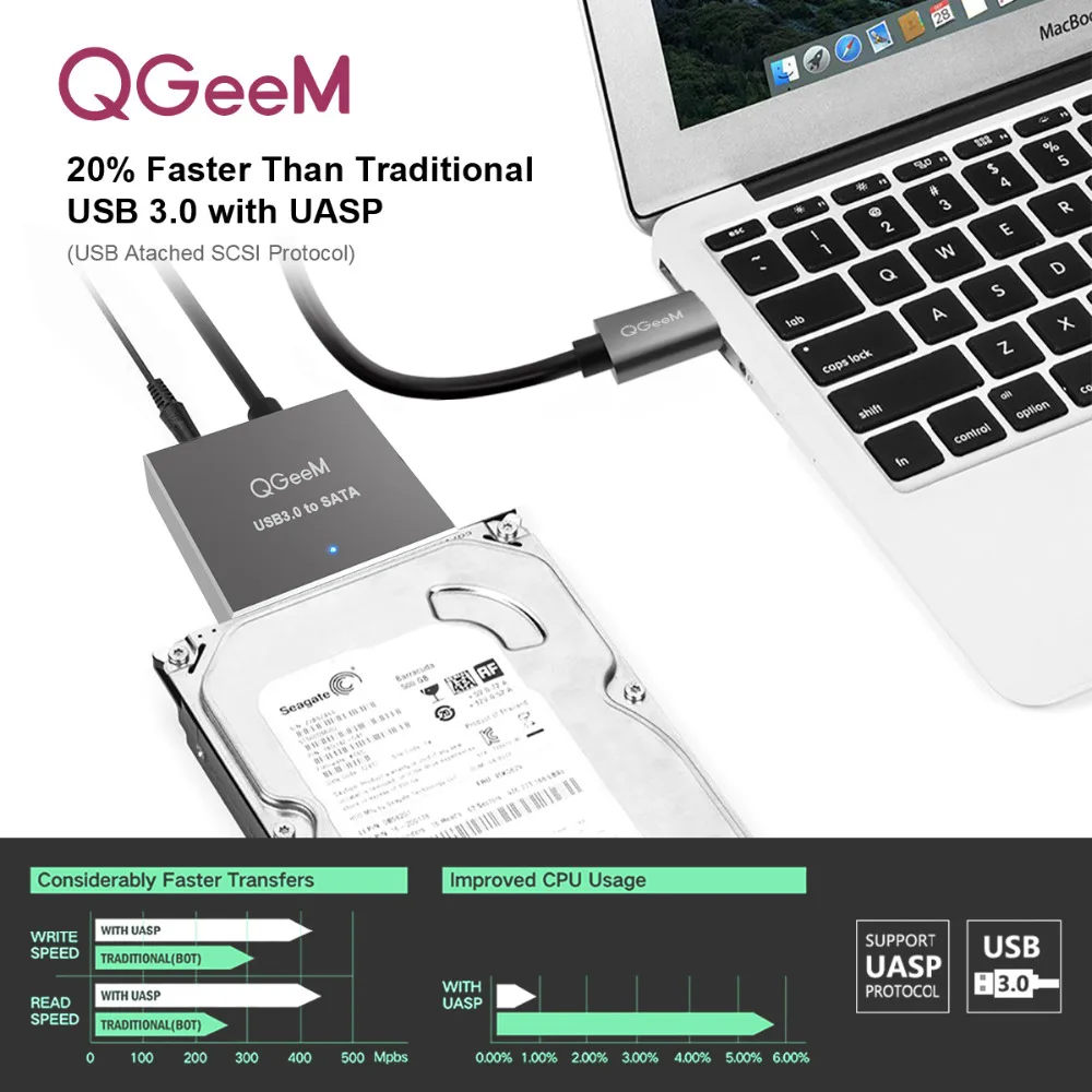 QGeeM SATA to USB Adapter USB 3.0 2.0 Cable to Sata Converter for Samsung Seagate WD 2.5 3.5 HDD SSD Hard Disk USB Sata Adapter