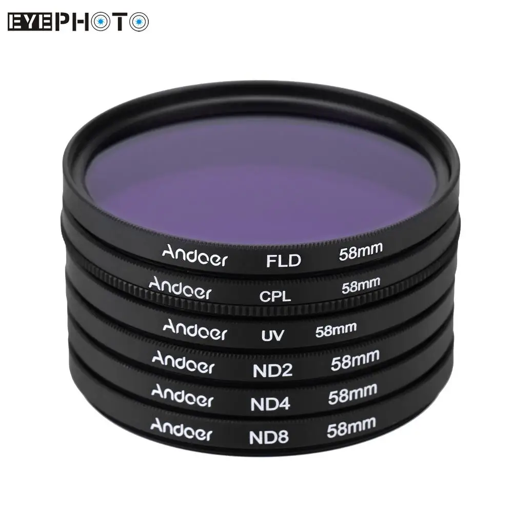 Andoer 58mm UV+ CPL+ FLD+ ND(ND2 ND4 ND8) Комплект фильтров для фотографий набор УФ-фильтров с нейтральной плотностью фильтр для фотоаппарата Nikon Canon sony Pentax однообъективных цифровых зеркальных фотокамер и записывающих