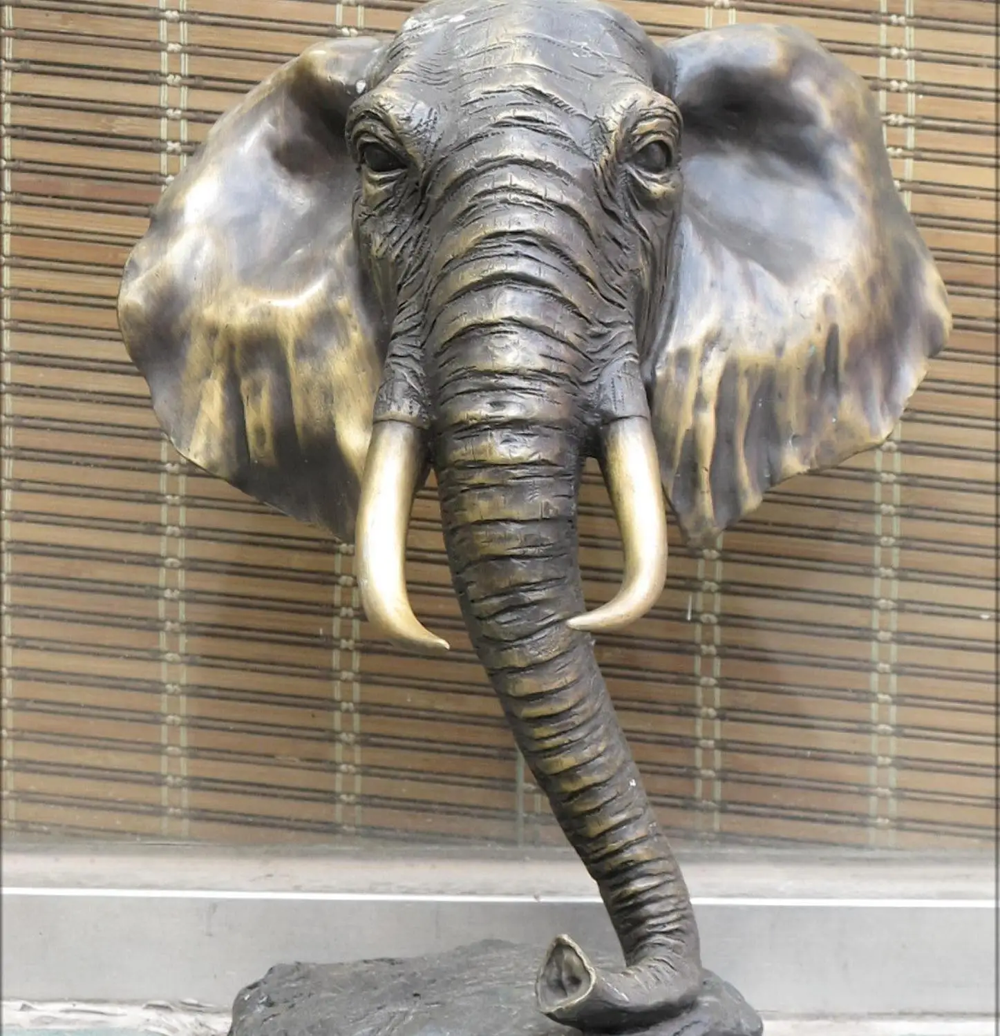 14"world Art Bronze sculpture Elephant head Longtooth BIG NOSE Statuein Statues & Sculptures