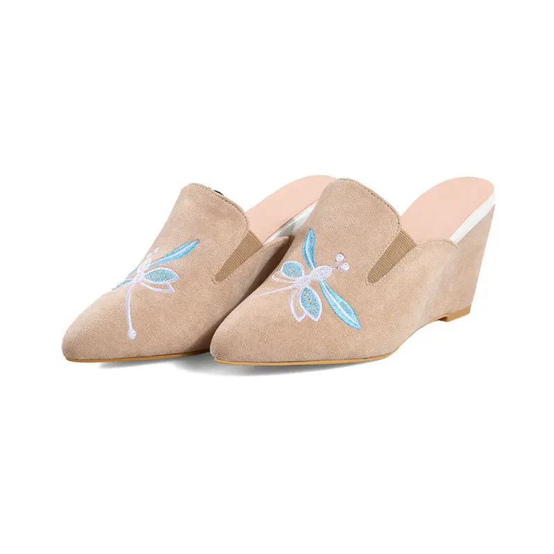 

B2-7 Size 34-43 Female Flock Embroider Pointed Toes Slippers Ladies Spring Autumn Slides Woman Wedges Shoes Women Outdoor Shoe