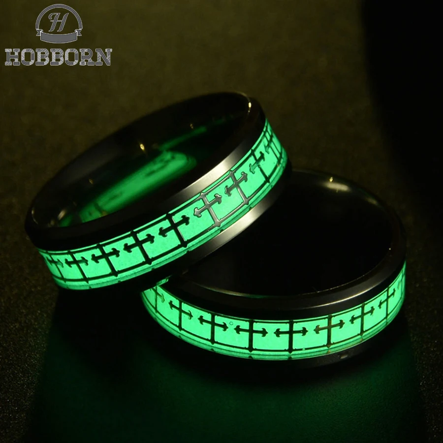 

HOBBORN New Stainless Steel Cross Ring Fluorescent Glowing Logo Finger Rings For Women Men Fashion Christian Prayer Jewelry Gift