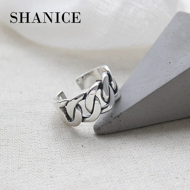 SHANICE Wide Antique Thai Silver 925 Sterling Silver Open Rings Flat Chain Adjustable Finger Rings Fashion Silver Jewelry