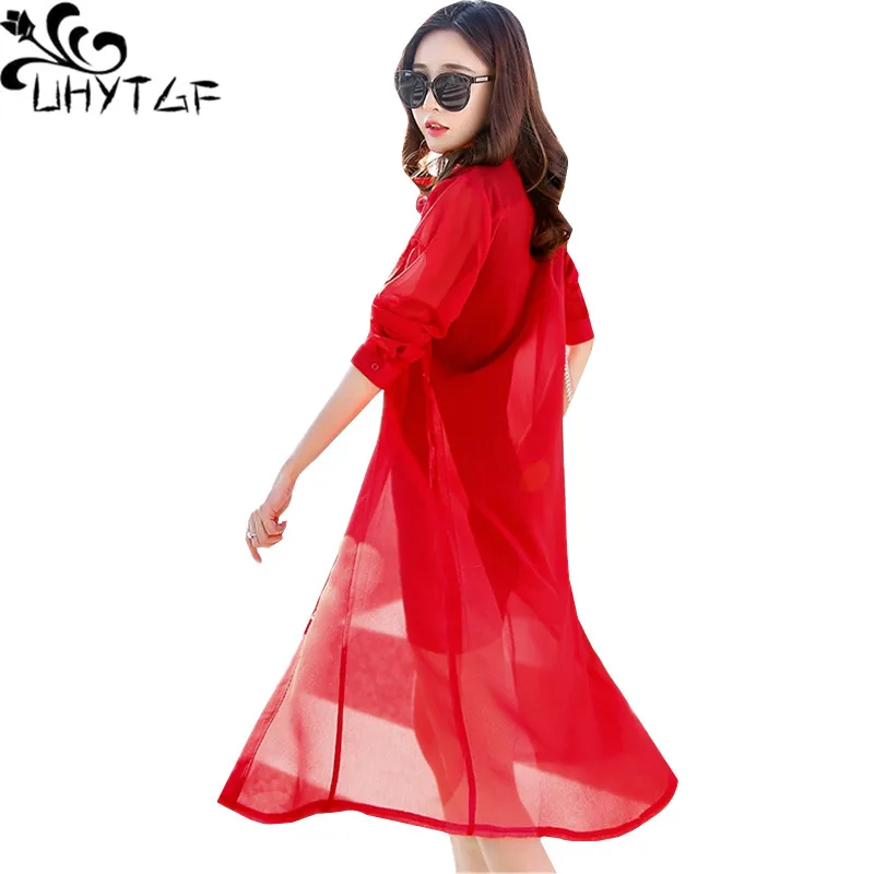 

UHYTGF New cardigan plus size coats Mid-length Women Beach summer sun protection clothing thin and light Chiffon tops coats 1473