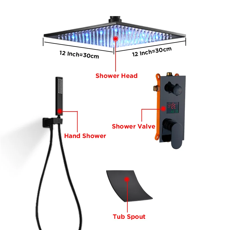 ULGKSD светодиодный дождевой смеситель для душа, набор цифровых одноручных смесителей, водопад, ванна, носик W/ручной душ для ванной комнаты, смесители - Цвет: 12 inch
