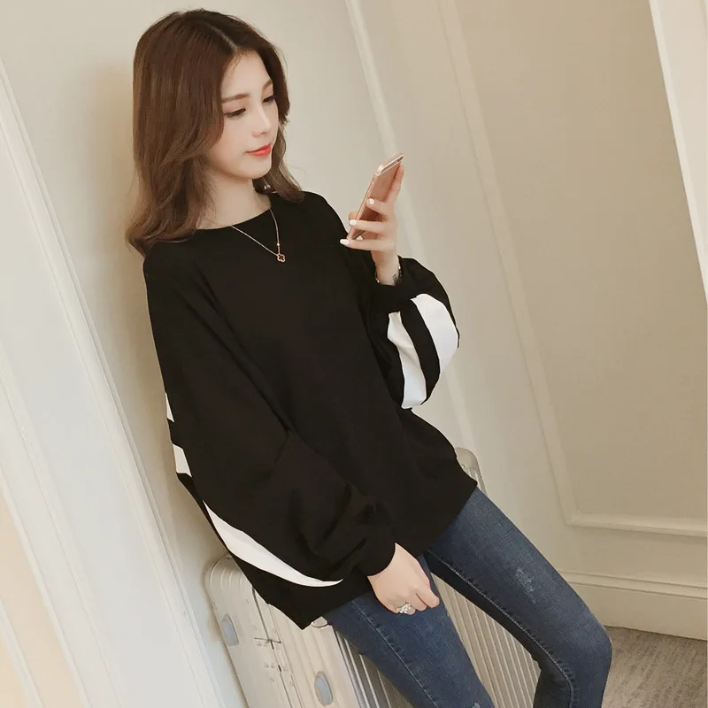 

SYDanne 2019 Autumn New Korean Striped Contrast Lantern Sleeve Thin Women's Hoodies Long Sleeve Loose Top Sweatshirt Hoodies
