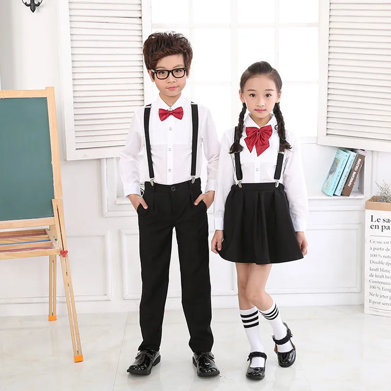 

2019 New Girls Shirt Dress Boys Shirt Pants Tie 3pcs School Uniform Kids Suits Boy Wedding Blazer Cotton Chlidren Clothing Sets