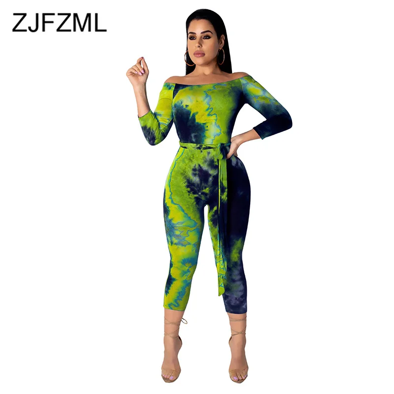 

Tie Dye Print Fitness Bodysuit For Women Slash Neck Long Sleeve One Piece Bodycon Jumpsuit Casual Backless Sash Mid-Calf Romper
