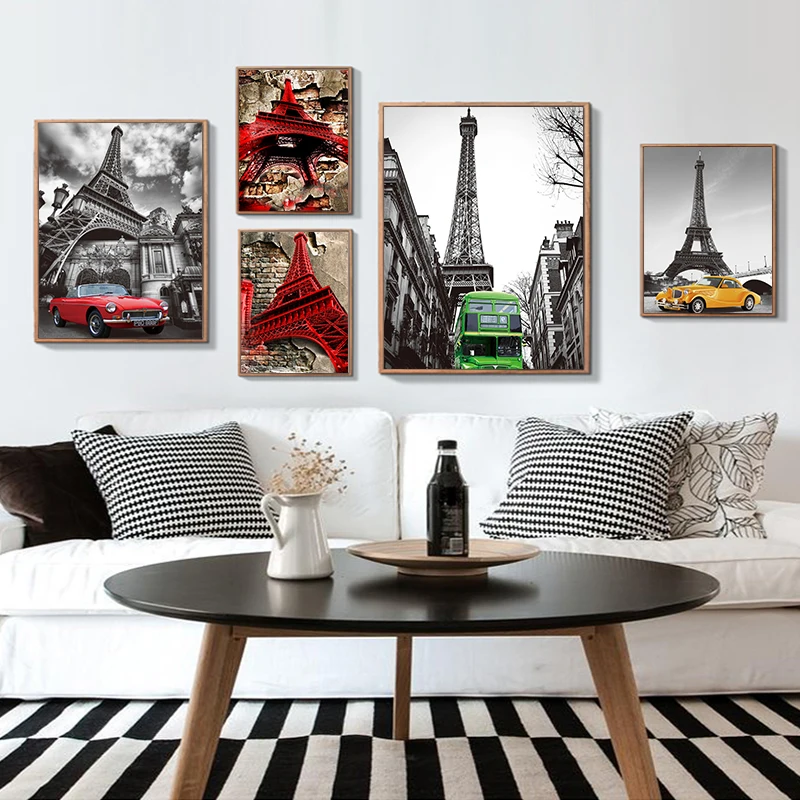 French Style Black White Landscape Architecture Eiffel Tower Color Car Canvas Painting Study Room Mural Coffee Shop Print Poster | Дом и сад