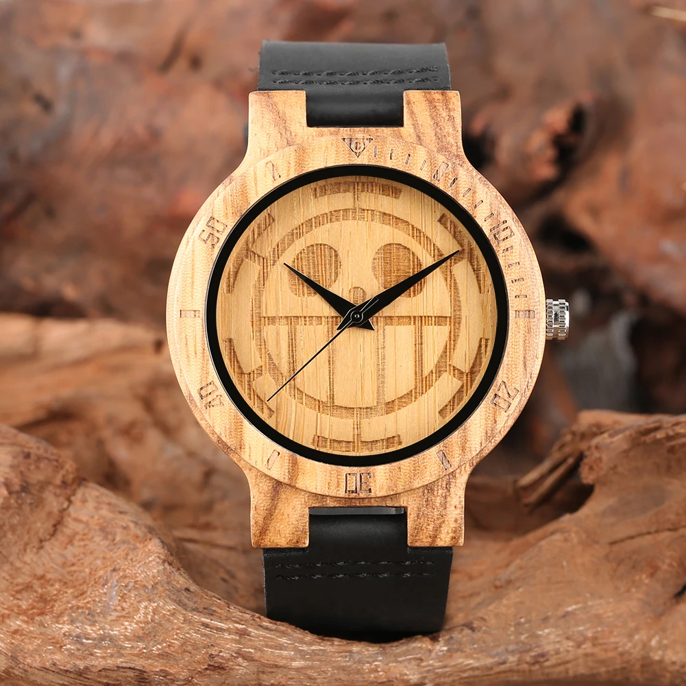Wood Face Watch With Leather Band Wood Watch Black Leather Strap Lightweight Wooden Watches One Piece Smiling Face Pattern Dial Wood Watch Best Gift for Men Women|Quartz Watches| - AliExpress