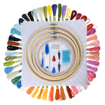 

2019 Bamboo Cross Stitch Full Range of Embroidery Starter Kit DIY Embroidery Hoops Kit with Scissors Needles 50pcs Color Threads