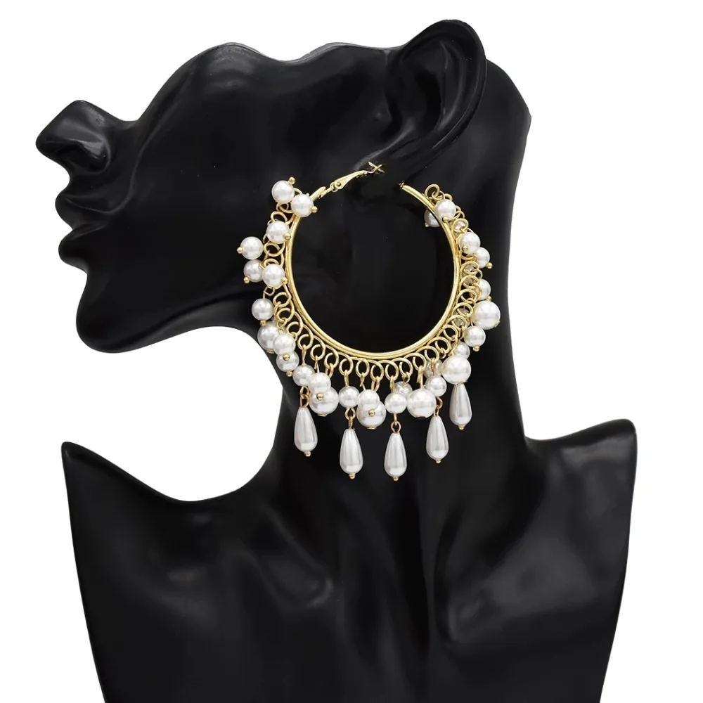 

Baroque Simulated Pearls Big Long Hoop Earrings For Wedding Bride Fashion Geometric Circle Earrings orecchini Europea Jewelry