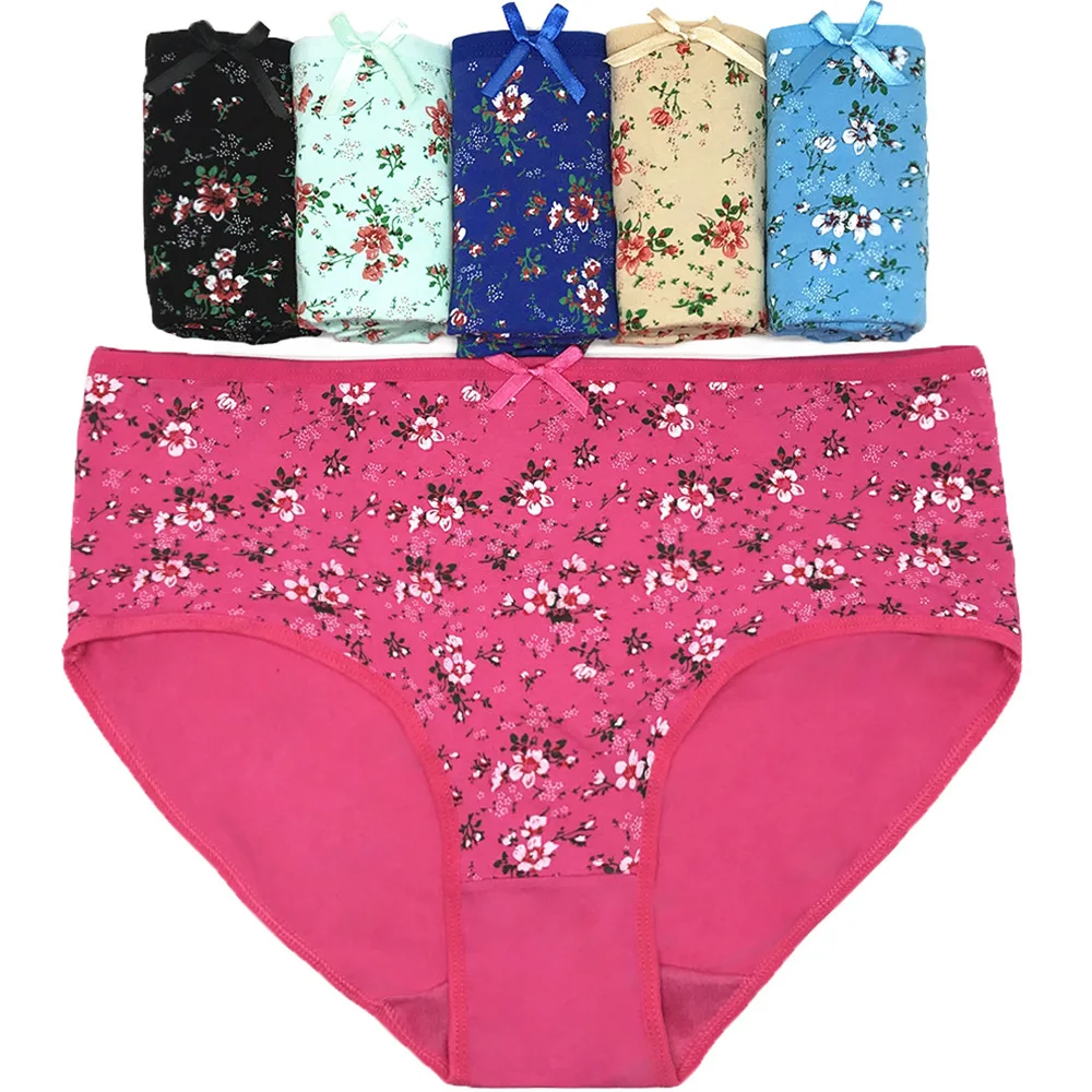 6 Pcslot Plus Size Xxl 4xl Briefs Floral Bow Women Underwear High