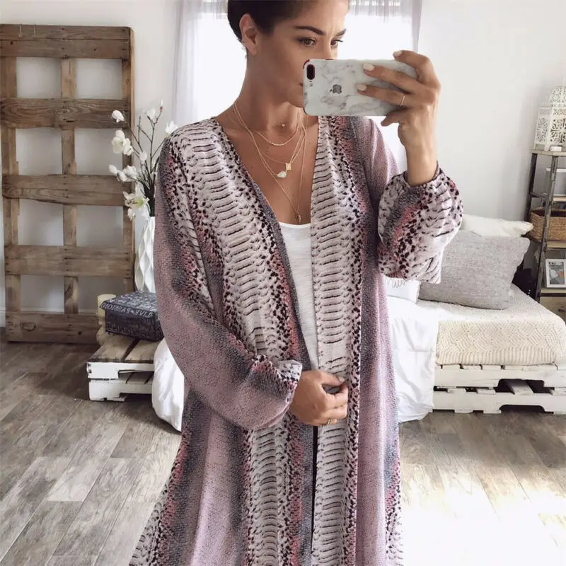 

Women Casual Snakeskin Printed Vintage Kimono Cardigan Ladies Summer Long Crochet Chiffon Boho Print Kimono Loose Blouse Tops