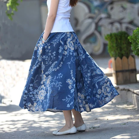 

free shipping Linen skirt half-length full spring summer bust skirt bohemia skirt - expansion skirt blue