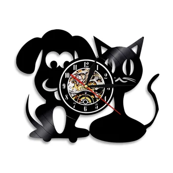 

1Piece Dog & Cat Vinyl Record Wall Clock Animals Led Backlight Handmade Gift For Dog Cat Owner Home Decor LP Longplay Time Clock