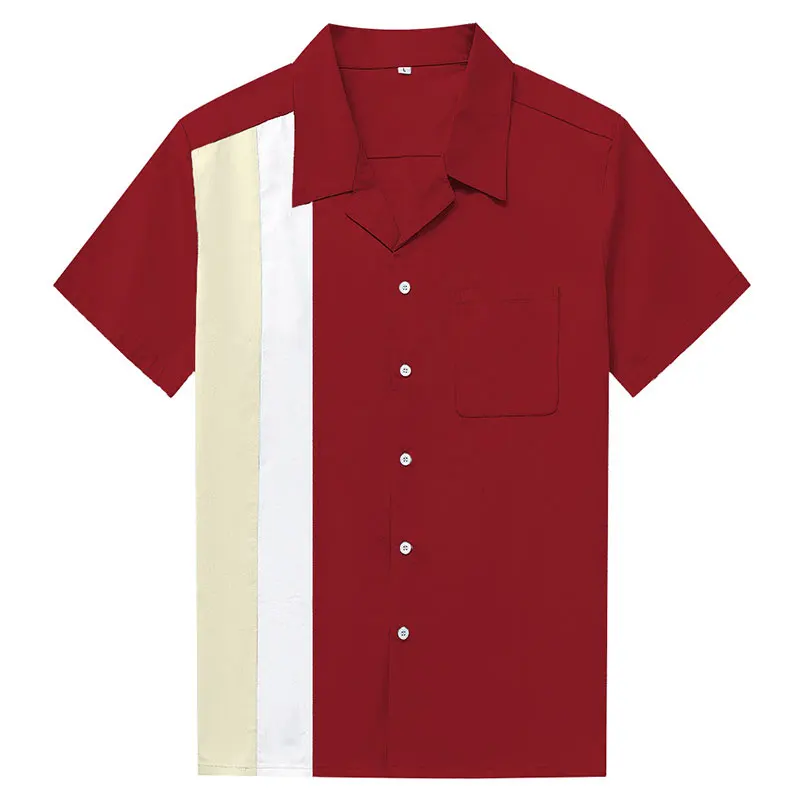 Рубашка Charlie Harper, вертикальная полосатая рубашка для мужчин, 50 s, рокабилли, рубашка на пуговицах, хлопковые рубашки с коротким рукавом, винтажное платье - Color: Red-beige