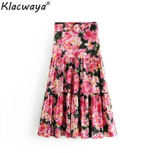 Женские розовые юбки с цветочным принтом Летняя женская шикарная винтажная юбка миди с поясом для вечеринок для девочек Милая плиссированная юбка faldas jupe femme