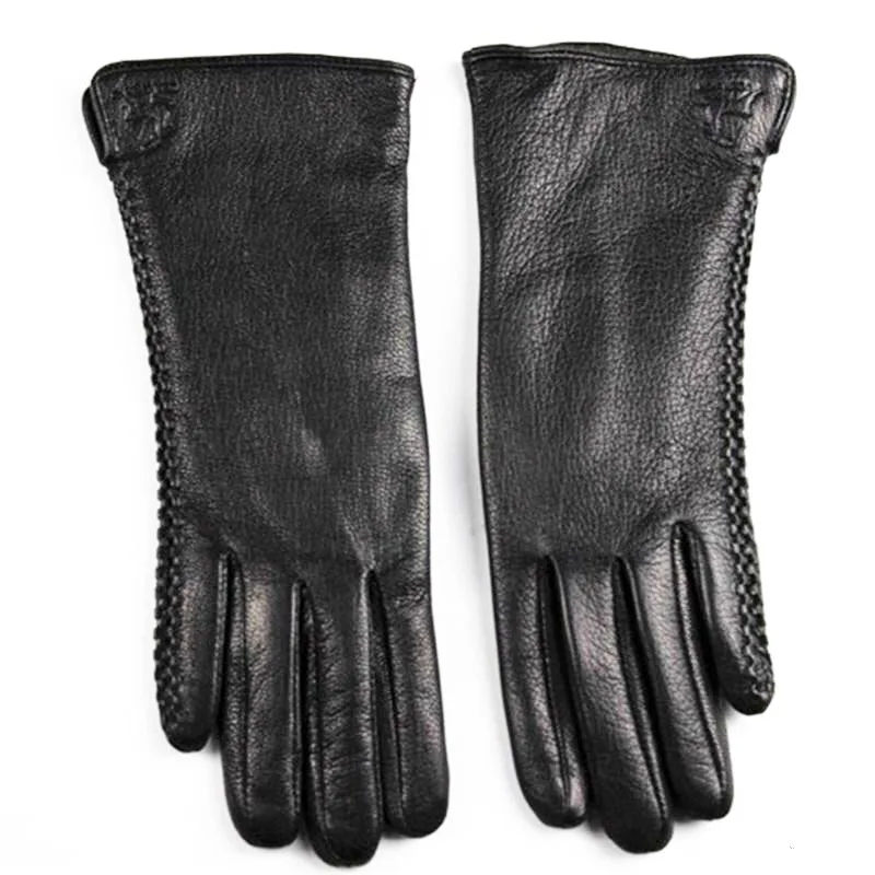 Оленья кожа перчатки женские модные кружевные стильные кожаные перчатки бархатная подкладка Теплые осенние и зимние
