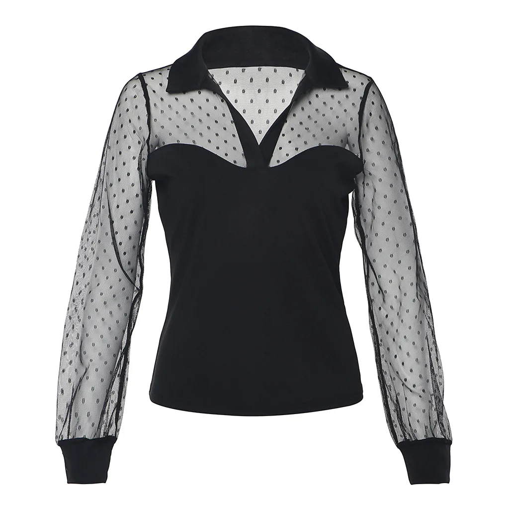 Transparent See Through Blouse Women 2019 Summer Female Sexy Mesh Perspective Polka Dot Tops Ladies Long-Sleeve Slim Shirt