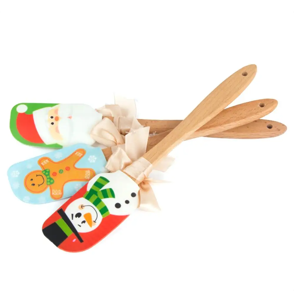  Christmas Pattern Food Grade Silicone Butter Scraper Wooden Handle Scraper Cake Cream Mixing Cutter