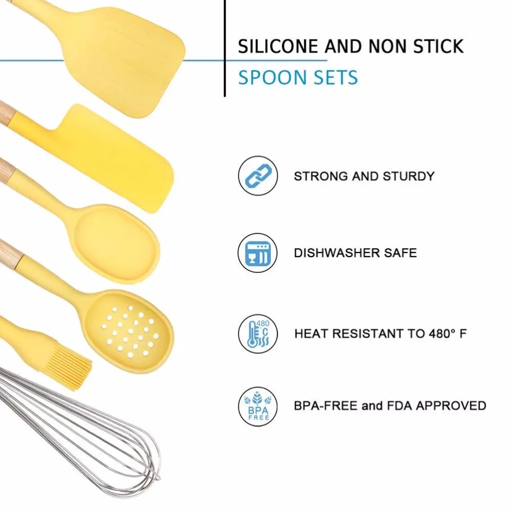 Силиконовые Пособия по кулинарии Кухня Набор посуды 6 шт.-антипригарной термостойкие Пособия по кулинарии инструмент с натуральные деревянные ручки
