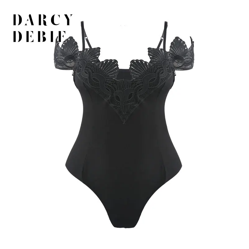 Darcydebie пикантные черные кружевные сетчатые Боди без рукавов Гамак пэчворк с
