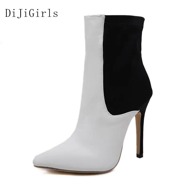 

New Black White Boots Sexy Pointed Toe High Heel Ankle Boots Women Spring Autumn Short Boots Ladies Stretch Fabric Chelsea Boots