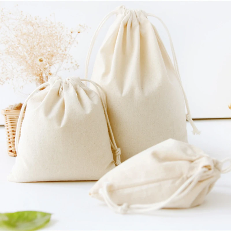 DIY السفر القطن الكتان الرباط أكياس تخزين أشتات صغيرة شعاع حبل الحقائب اليدوية الحلوى الشاي شنطة هدايا الاطفال اللعب المنظم
