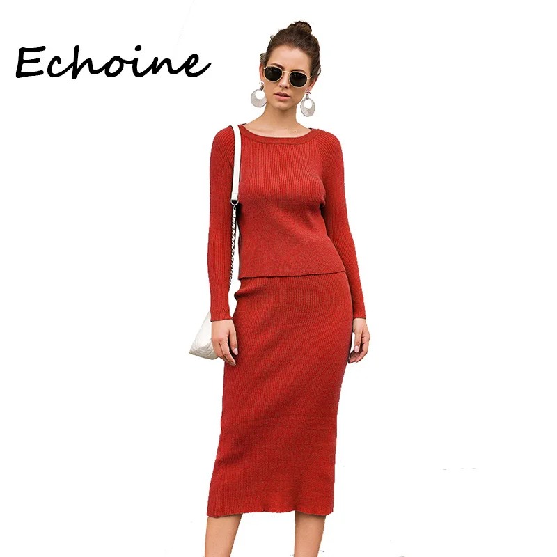 

Echoine Fashion 2 Piece Set Women Sweater Knitted Long Sleeve Crop Tops + Bodycon Long Dress Suit Autumn And Winter Office Lady