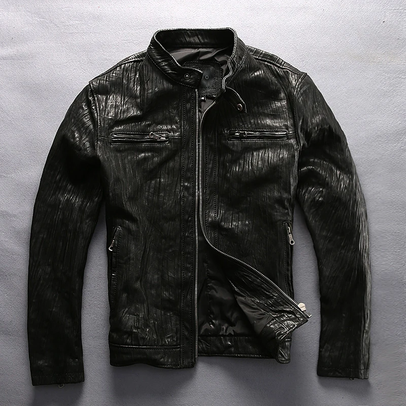 

Men's Vintage Black Sheepskin Jacket 100% Genuine Leather Wrinkle Motorcycle Biker Jackets for Male Brand Classic Luxury Coats