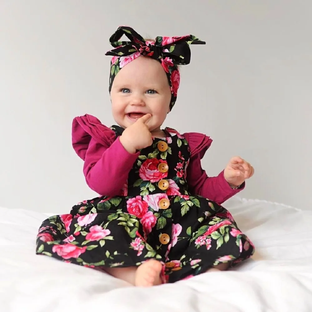 

Button Sundress Clothes Cute Baby Girls Party Floral Bowknot Cotton Princess Dresses With Headband Summer Kid Outfits Sleeveless