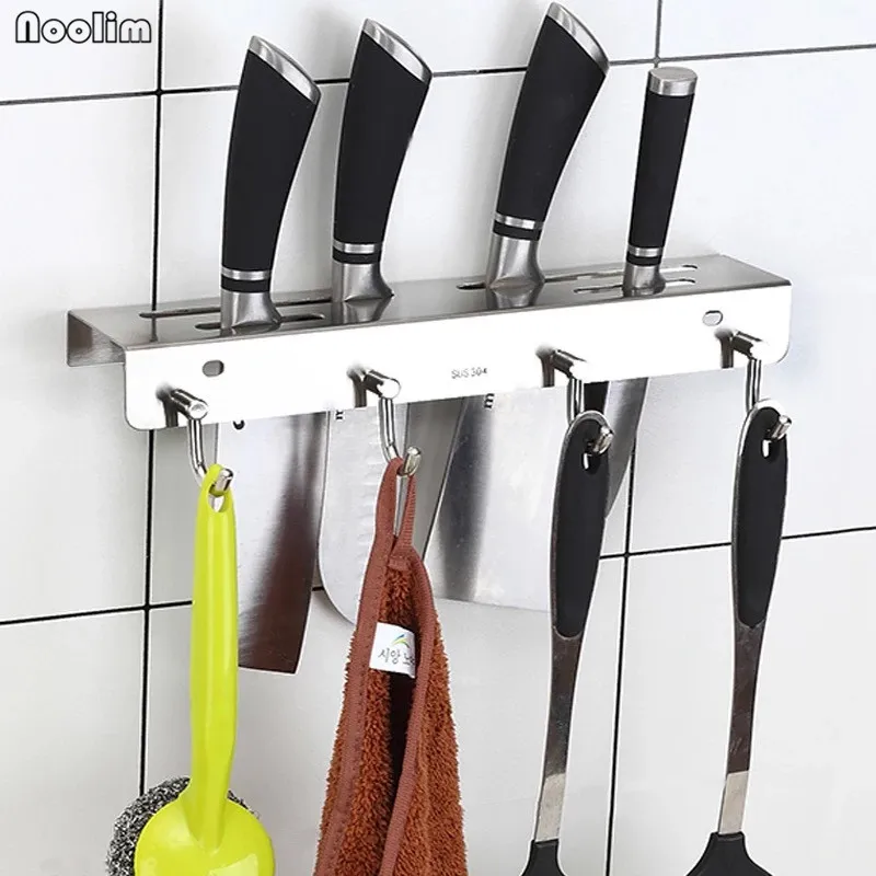 

NOOLIM Stainless Steel Knife Holder Storage Rack Shelf 4 Hooks Kitchen Knife Block Tools Hanger Knife Stand Kitchen Storage