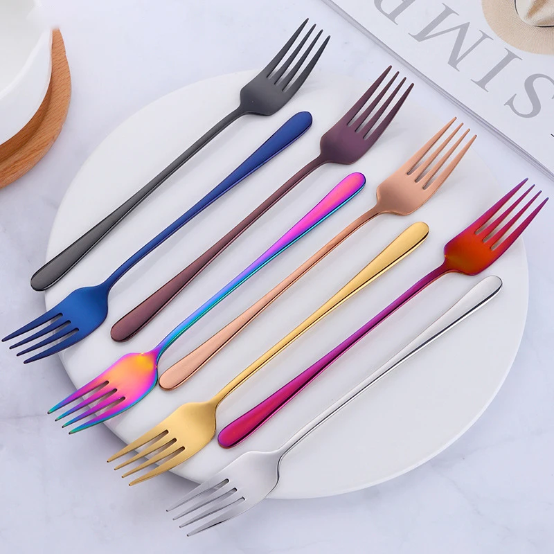 

Stainless Steel Dinner Fork Korea Colourful Dessert Fork Long Handle Gold Blue Black Fork Set for Hotel Party Drop Shipping