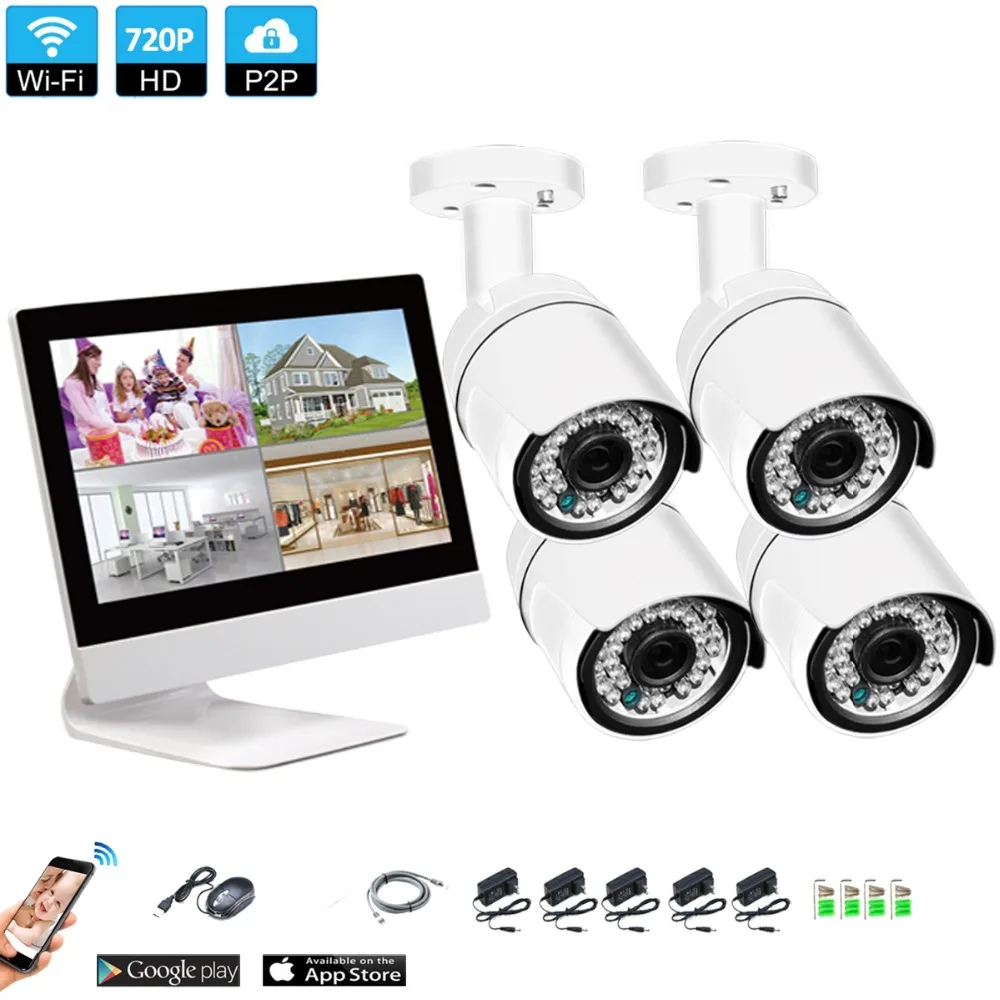 

Wireless Surveillance System Network 10.1 Inch LCD Monitor NVR Recorder Wifi Kit 4CH 720P HD Video Inputs Security Camera