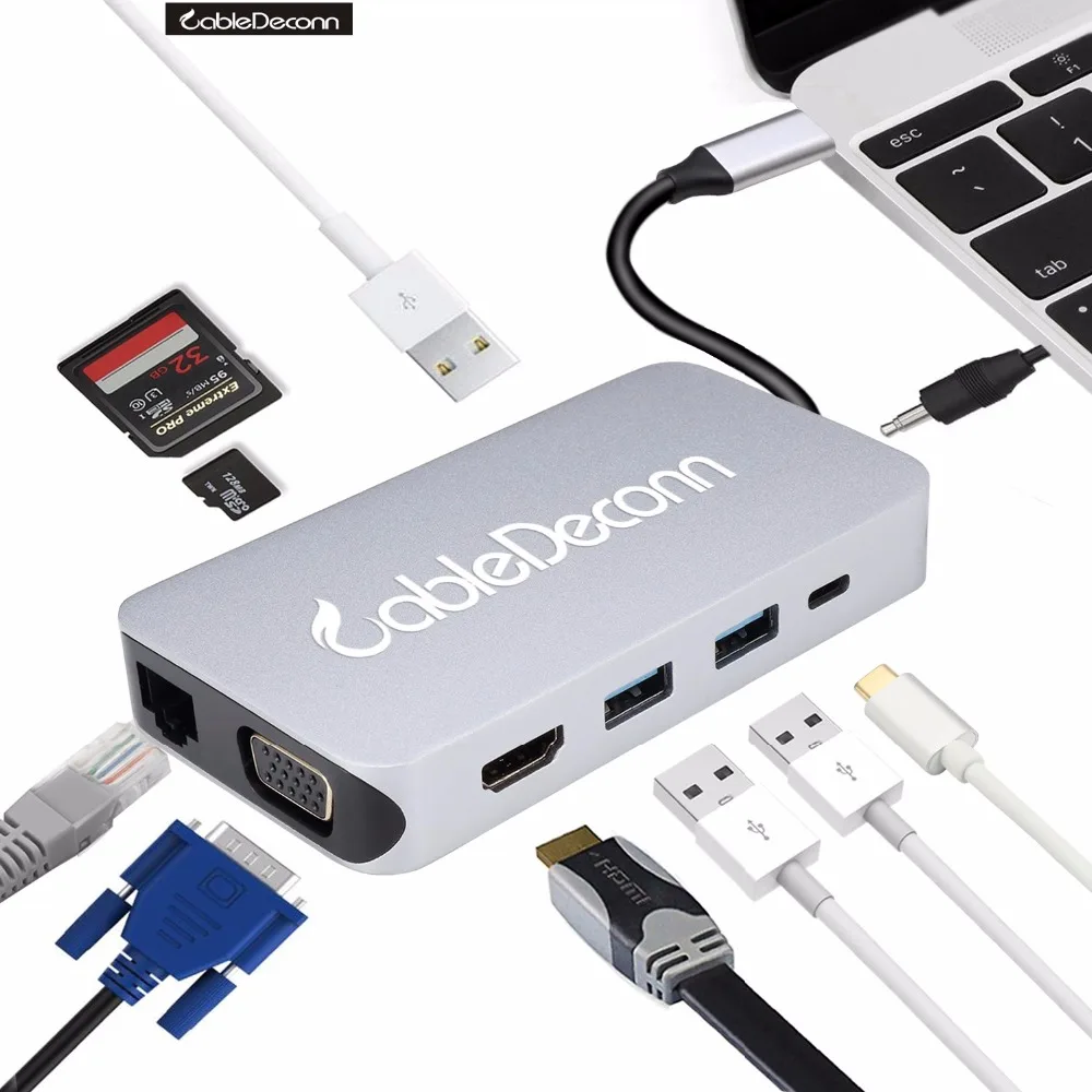 USB C hub rac 3.5mm jack usb3.1 Type-c to HDMI RJ45 VGA USB3.0 TF SD card PD charge power Audio Adapter for Macbook Pro 2017