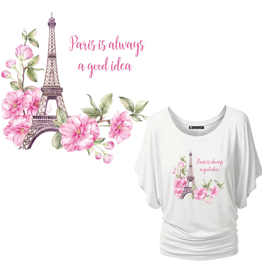 

fashion Paris iron on patches for clothing women brand flower iron on transfer for T-shirt parches ropa plancha tower sticker