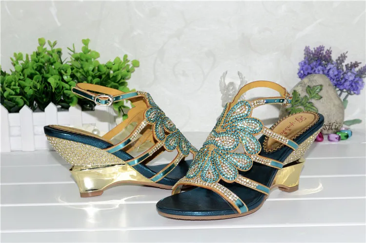 2016 Summer Crystal Rhinestone Wedding Shoes Size 11 High Heels Fashion Female Roman Bohemian Blue Wedge Sandals Good Quality9