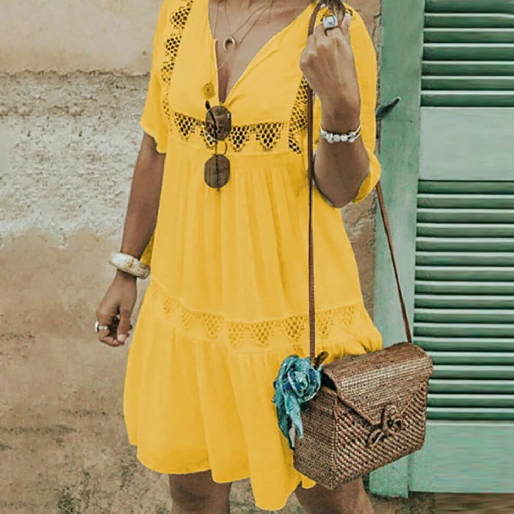 Plus Size S-5XL 2019 Women V-neck Dress Hollow Out Short Sleeve Big Size Mini Dress Summer Female Casual Loose Beach Dresses 