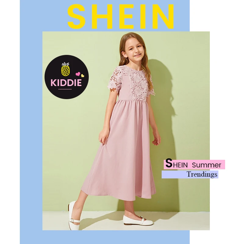 SHEIN Kiddie розовый гипюр кружева аппликация девушки милое платье Лето короткий рукав Высокая талия длинные расклешенные платья для подростков