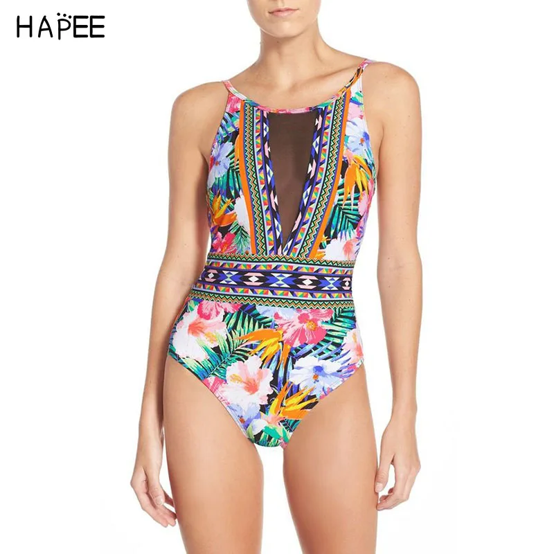 

Brazilian African Retro Flower Print Mesh Swimwear Backless One piece Swimsuit Bathing Suit Women Swimming Suit monokini biquini