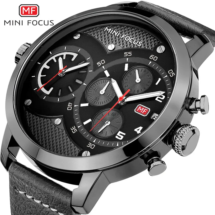 

MINI FOCUS Dual Time Chronograph Men's Quartz Sports Watches Men Brand Luxury Big Analog Clock Male Leather Military Wrist Watch