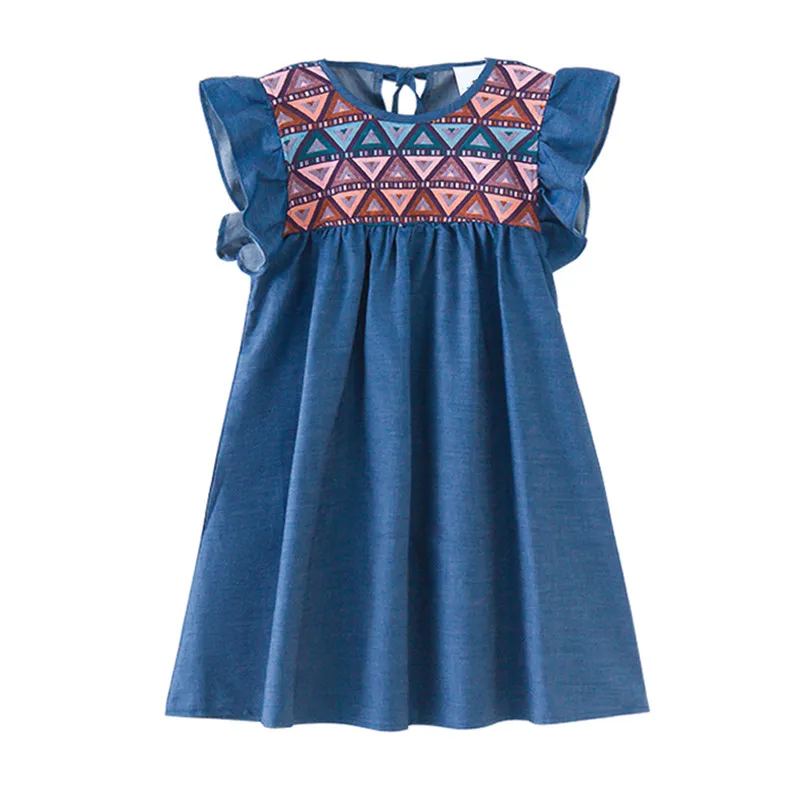 

4 to 12 years kids & teenager big girls geoemtric print petal sleeve cotton casual flare dress children princess blue dresses