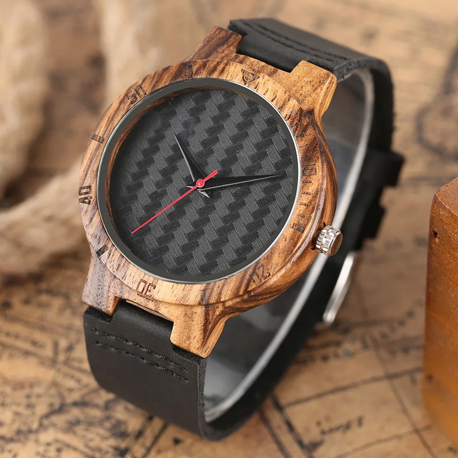 Top Men's Wooden Watches High Quality Black Handmade Natural Wood Bamboo Quartz-watch No Number Face Chic Second Hand Clock Male (35)