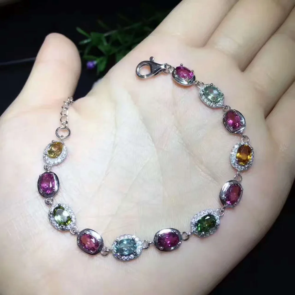 Bracelet en tourmaline naturelle multicolore Bracelet en pierres précieuses naturelles 925 bracelet