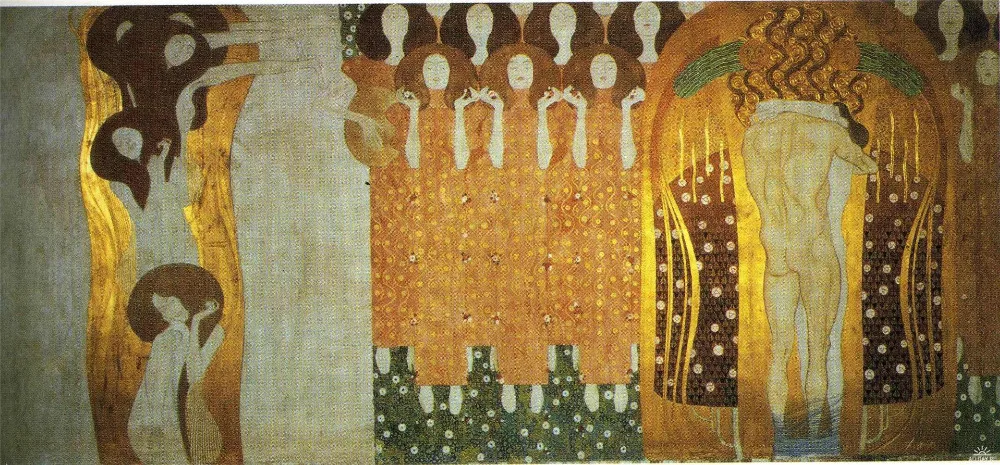 

Handmade oil painting reproduction The Beethoven Frieze: The Longing for Happiness Finds Repose in Poetry by Gustav Klimt