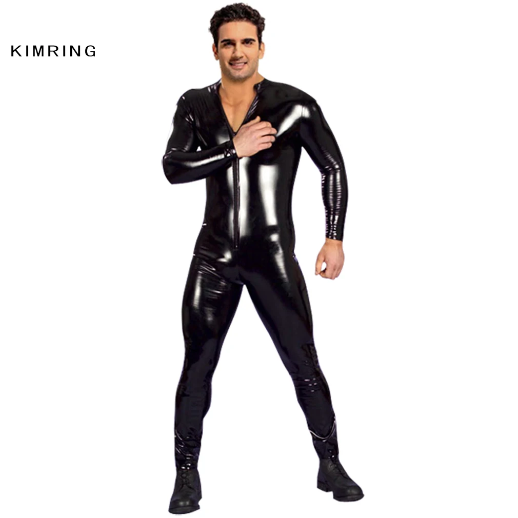 Kimring Fashion Locomotive Jumpsuit Halloween Costume Black Leather Jumpsuit Overalls Harem Body