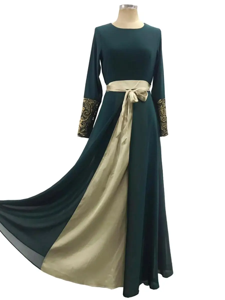 Женское мусульманское длинное платье из шифона с Вышивкой Контрастного Цвета абайя Макси платье с ремнем Дубай халат вечерние свадебные платья элегантные